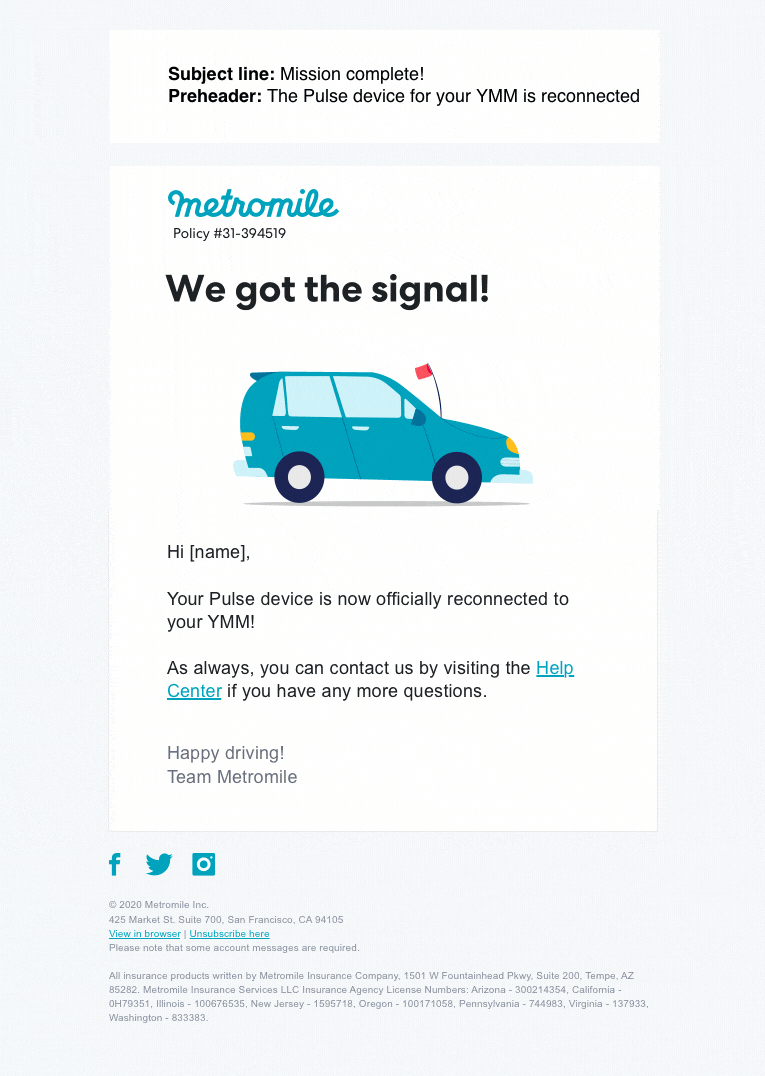 Animated email mockup confirming the device is reconnected and no charges were applied.